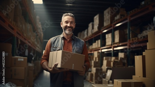 Male warehouse worker holds a box. Delivery service.