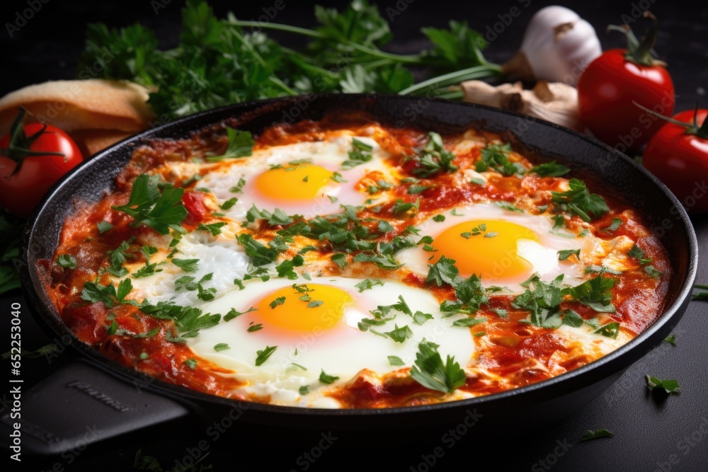 Shakshuka with tomatoes in a frying pan Shakshuka with tomatoes in a frying pan