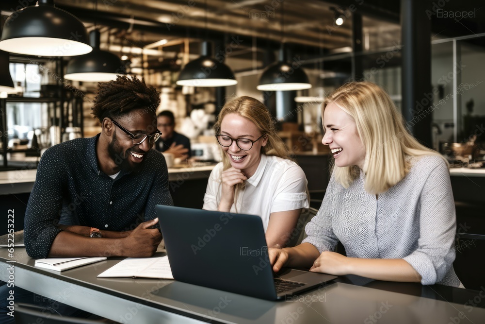 Creative businesspeople having a discussion using a laptop in an office Creative businesspeople having a discussion using a laptop in an office