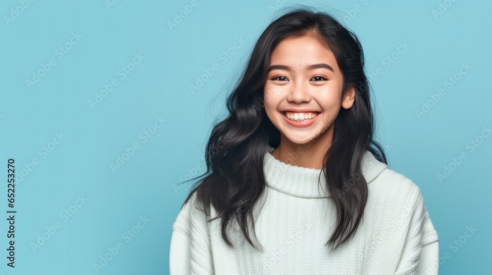 A beaming Asian teen girl exudes confidence and joy as she strikes a pose against a light, uncluttered studio background. A beaming Asian teen girl exudes confidence and joy as she strikes a pose against a light, uncluttered studio background.