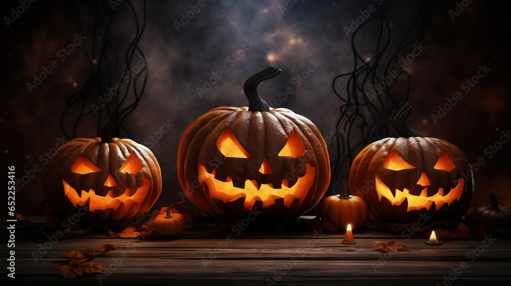 Jack-o-lantern pumpkins, candles, garland. Cute Halloween background. Generative AI Jack-o-lantern pumpkins, candles, garland. Cute Halloween background. Generative AI