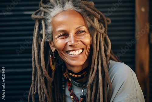 Portrait of a mature woman with dreadlocks looking at the camera with a smile photo