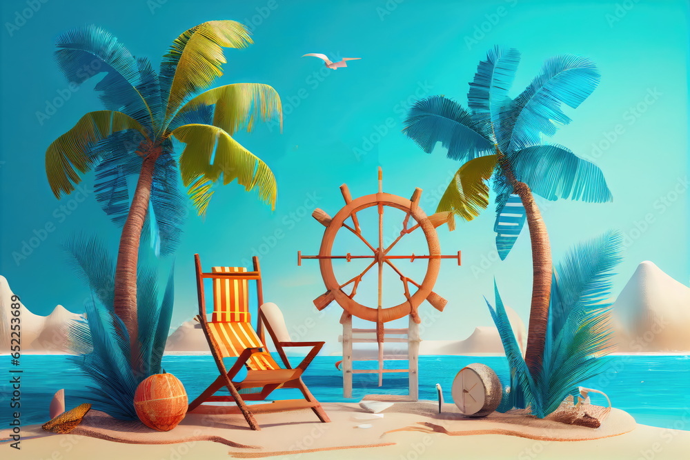 Beach Vacation, Blue Sea, White Sand, Relax Tropical Background, 3d Imitation, Abstract AI Generative Illustration