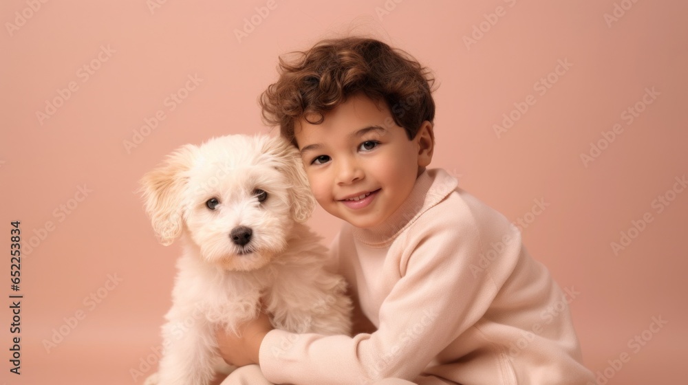A little boy poses with his dog in a studio shot.
