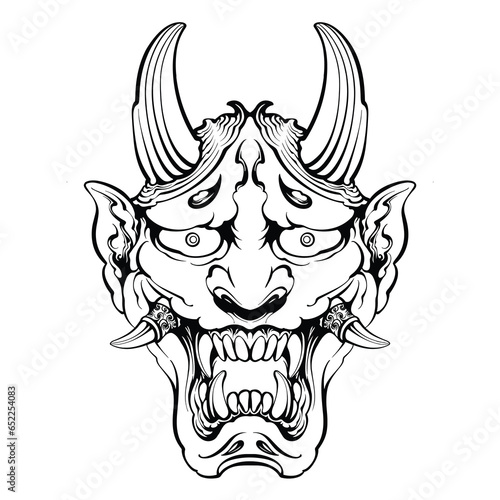 Hand drawn Japanese Oni demon mask coloring page black and white