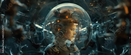 Portrait of female astronaut inside spaceship cockpit. Sci-fi space exploration concept. Anamorphic 4k footage photo