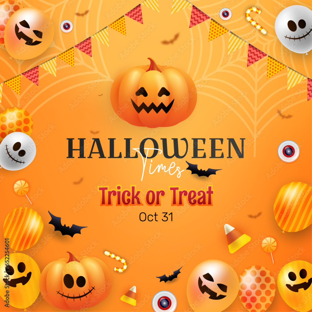 halloween times , halloween sale poster or banner vector illustration. happy halloween holiday, pumpkins on orange background for greeting card, banner, poster,blog, article, social media,marketing.