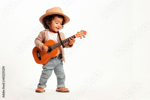 Musical Prodigy: Toddler in Musician Costume Plays a Tiny Guitar on a Blank White Canvas 