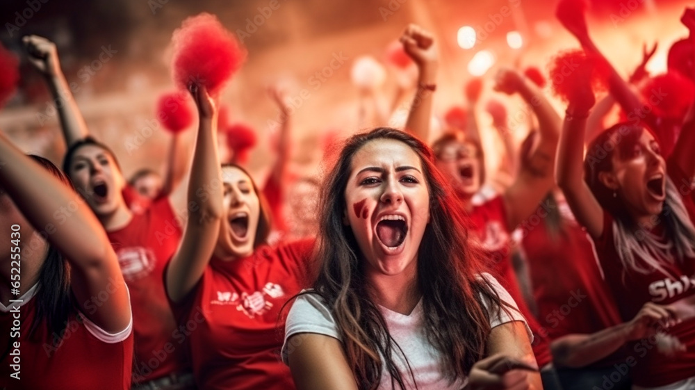 happy female fan celebrating at the stadium. happy female fan celebrating at the stadium.