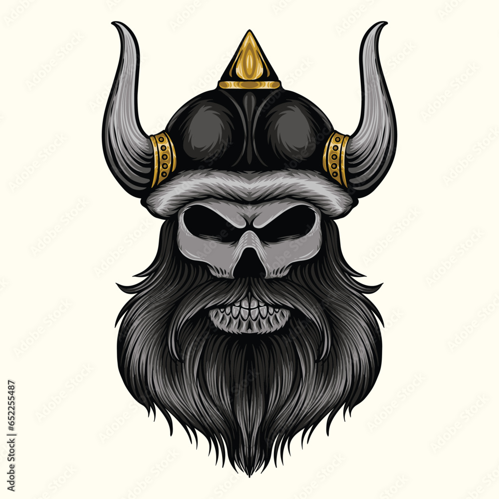 Naklejka premium A Viking skull skeleton warrior or barbarian gladiator man mascot face looking strong wearing a helmet. In a retro vintage woodcut style. 