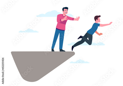 Betrayal or competition at work. Man throwing another off cliff. Guy pushing colleague down mountain. Dishonesty rival. Competitor eliminate. Male falling from rock. Vector concept