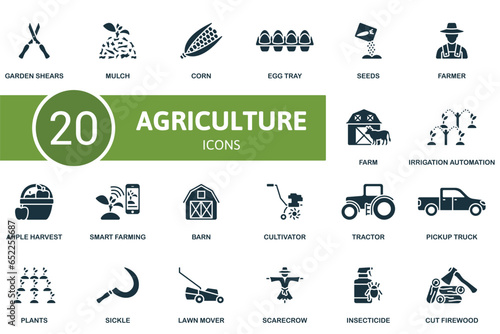 Agriculture set. Creative icons: garden shears, mulch, corn, egg tray, seeds, farmer, farm, irrigation automation, apple harvest, smart farming, barn, cultivator, tractor, pickup truck, plants, sickle