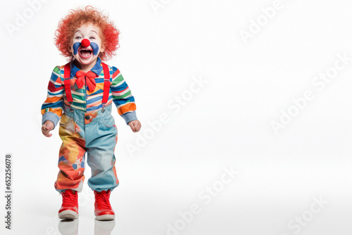 Joyful Toddler Clowning Around: Colorful Costume on White Backdrop with copy space