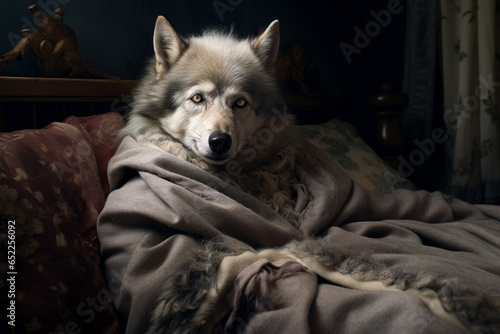 wolf pretending to be grandma in bed, little red ridinghood theme photo