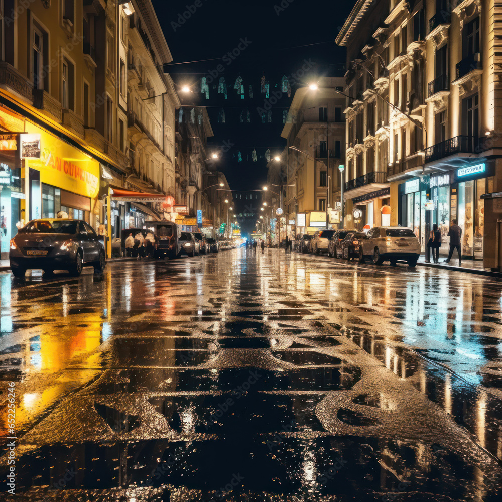A night shot of a wet pavement reflecting
