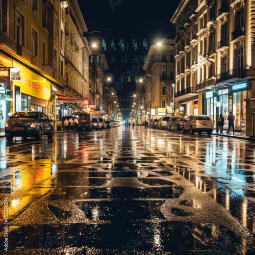 A night shot of a wet pavement reflecting 