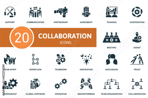 Collaboration set. Creative icons: support, communication, partnership, agreement, training, cooperation, meeting, assist, team spirit, workflow, teamwork, inspiration, discussion, trust, workgroup