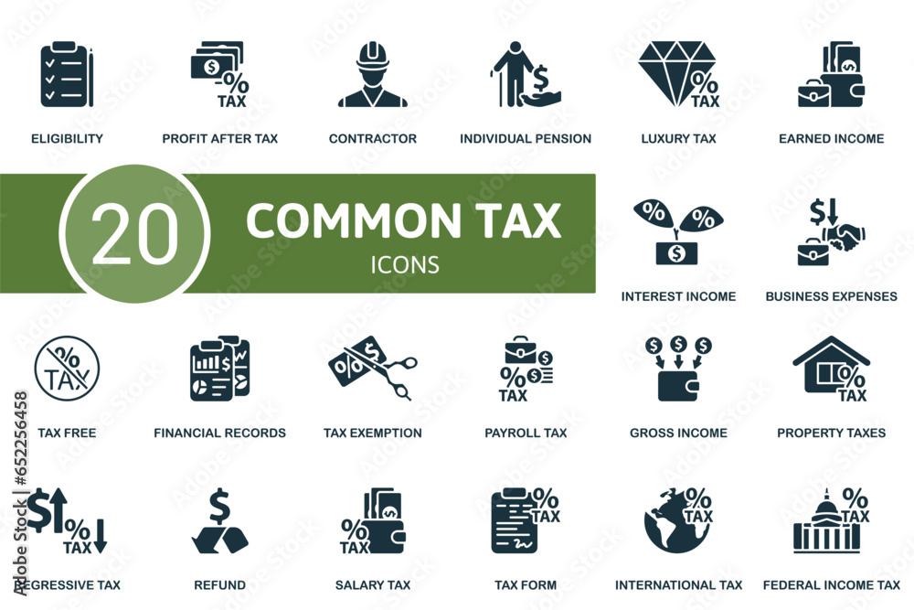 Common tax set. Creative icons: eligibility, profit after tax, contractor, individual pension, luxury tax, earned income, interest income, business expenses, tax free, financial records