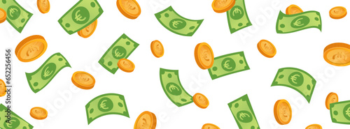 Bannière de pièces et billets d'euros qui volent - Argent en espèces - Illustrations vectorielles éditables - Pièces de monnaie - Billets de banque - Argent liquide - Finance - Investissement - Riche