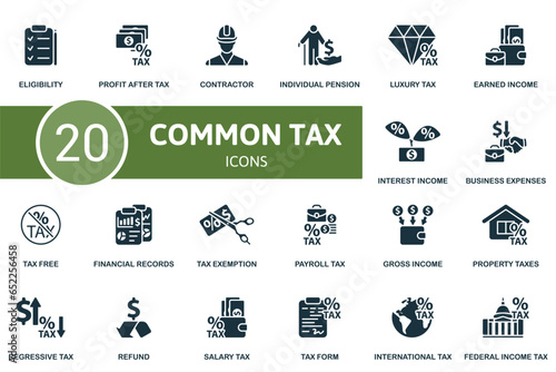 Common tax set. Creative icons: eligibility, profit after tax, contractor, individual pension, luxury tax, earned income, interest income, business expenses, tax free, financial records