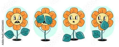 Retro style funny, spooky, frightened, emotional daisies. Hippie 60s, 70s style
Isolated vector illustration. Icons, stickers, poster or t-shirt design template