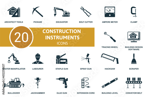 Construction instruments set. Creative icons architect tools, pickaxe, excavator, bolt cutter, ampere meter, clamp, tracing wheel, building design software, master manipulator, labourer, staple gun