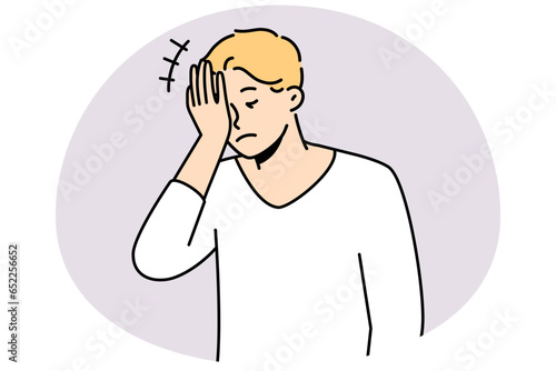 Frustrated man making face palm gesture feeling embarrassed. Anxious male remember things feel stressed or confused. Vector illustration.