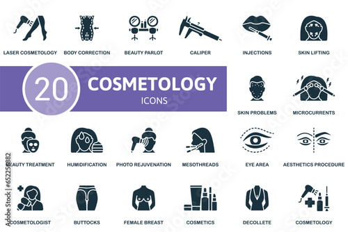 Cosmetology set. Creative icons: laser cosmetology, body correction, beauty parlor, calliper, injections, skin lifting, skin problems, microcurrents, beauty treatment, humidification, photo