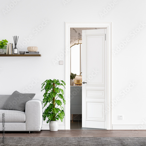 Fototapeta Naklejka Na Ścianę i Meble -  living room with bathroom and plaster white walls and wooden floor, empty room with sofa , white door with carpet interior design concept , 3d illustration