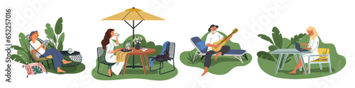 Cartoon people relax in garden. Men and women in landscaped courtyards. Cozy garden furniture or elements. Girl eating at table under umbrella. Guy with laptop or book. Garish vector set