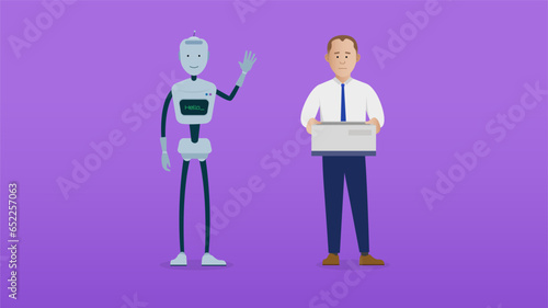 AI artificial intelligence taking business jobs, replacing workers concept. Automated content creation. Simple flat vector characters. Easy to edit flat modern trendy style.