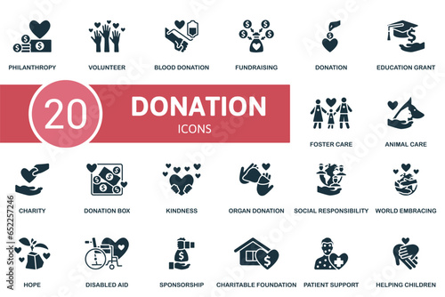 Donation set. Creative icons: philanthropy, volunteer, blood donation, fundraising, education grant, foster care, animal care, charity, box, kindness, organ donation, social responsibility