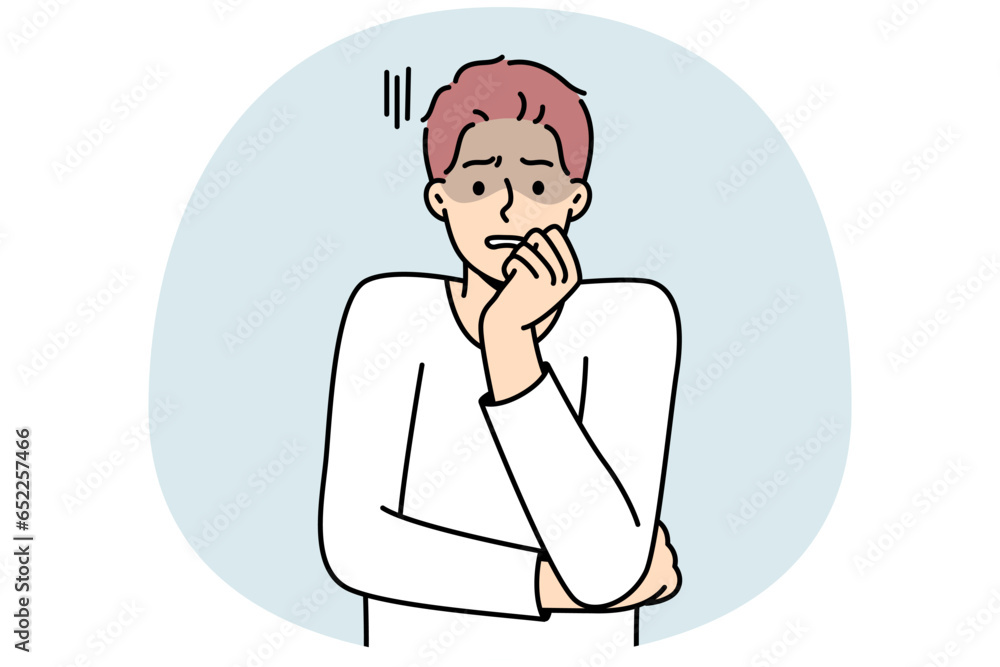 Fototapeta premium Anxious young man feeling terrified and worried. Unhappy guy feel afraid and astonished. Emotion control and mental problems. Vector illustration.