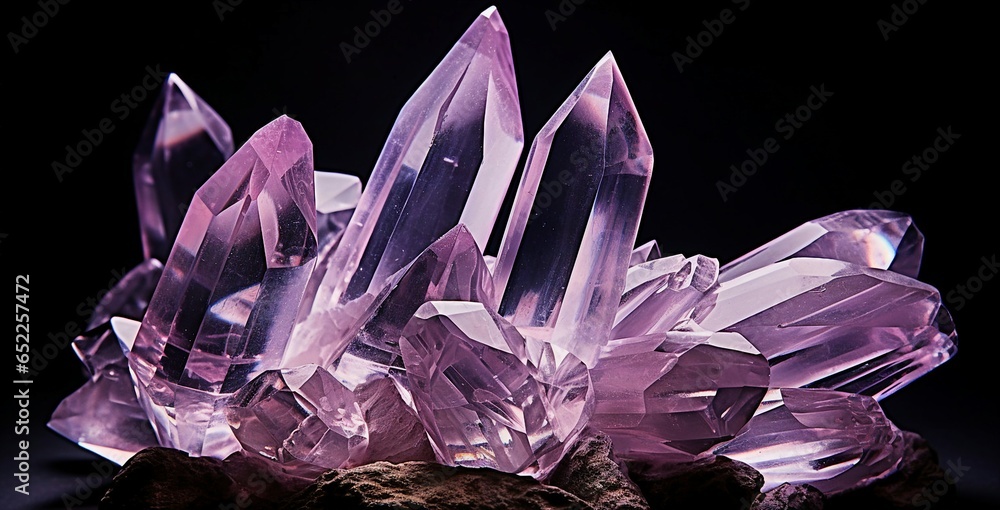 Pink crystal cluster on rock - obrazy, fototapety, plakaty 
