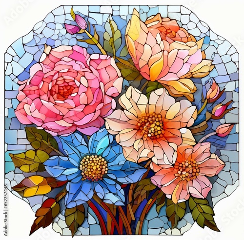 A colorful bouquet of flowers in a stunning stained glass window
