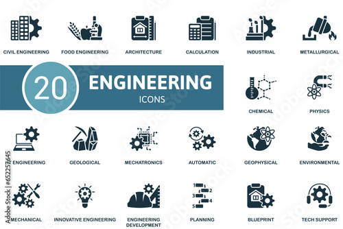 Engineering set. Creative icons: civil engineering, food engineering, architecture, calculation, industrial, metallurgical, chemical, physics, it engineering, geological, mechatronics, automatic