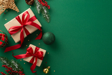 Season's greetings scene. Top-view of boxes tied with bows, Christmas decorations, balls, rustic star, holly berries, frosty spruce branches, confetti on green backdrop, perfect for messages or promo