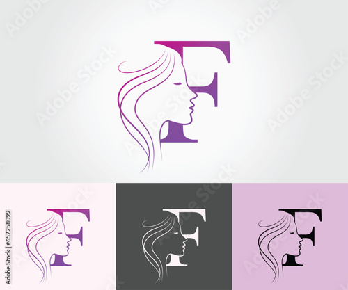 F letter Beauty face, hair salon logo design vector template