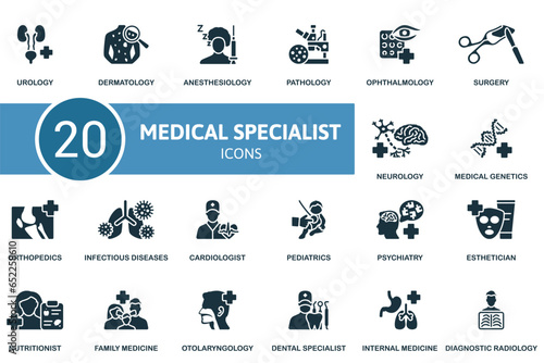 Medical specialist set. Creative icons: urology, dermatology, anesthesiology, pathology, ophthalmology, surgery, neurology, medical genetics, orthopedics, infection diseases, cardiologist, pediatrics