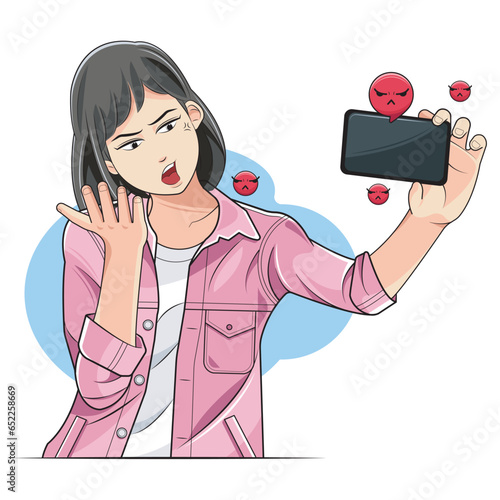 Human emotions, facial expression concept. a young girl is arguing with her friend on her smartphone. Vector illustration
