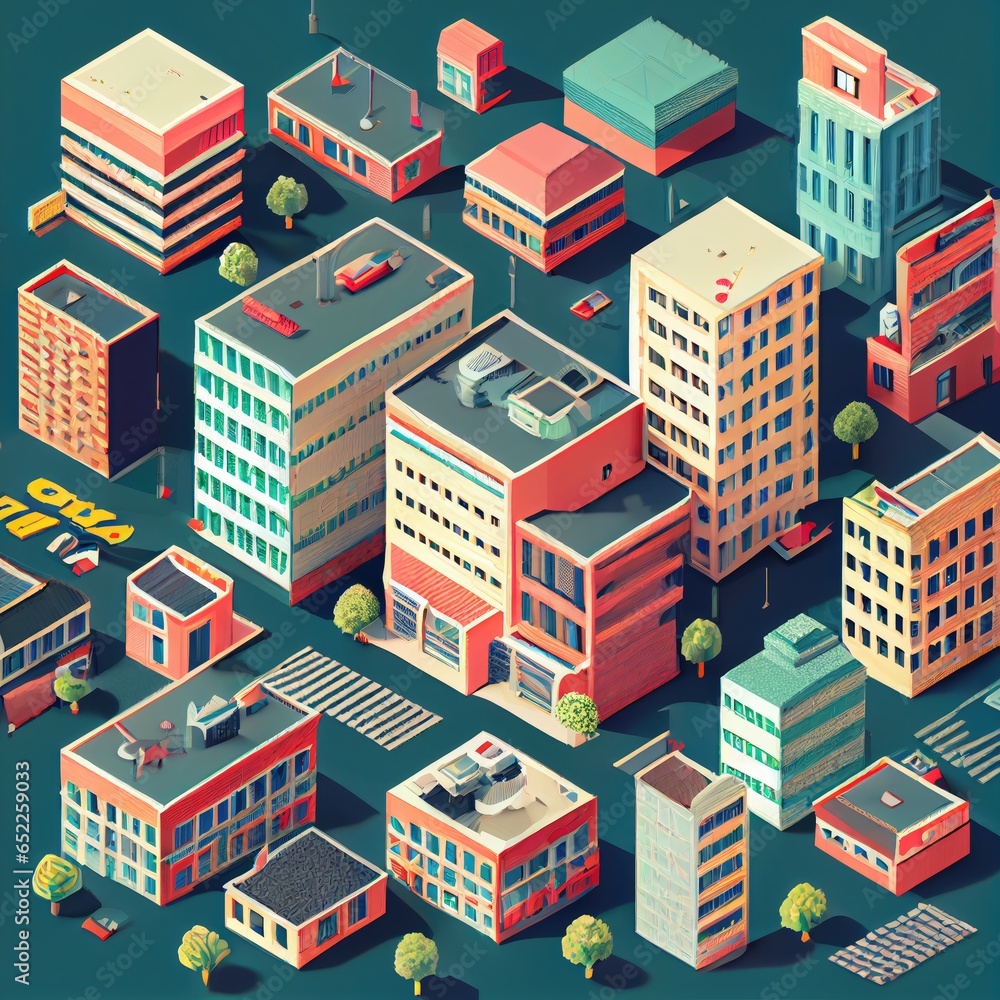 Isometric Buildings Pattern, Houses Texture Background, Isometric Town, Abstract Generative AI Illustration