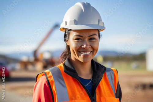 portrait of smiling female engineer on site wearing hard hat, high vis vest, and ppe	