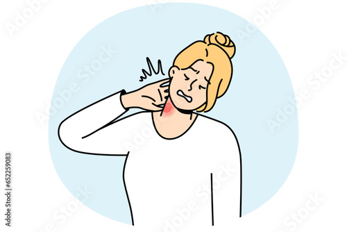 Unhealthy young woman suffer from neck pain after sedentary work. Unwell girl struggle with backache or spasm. Healthcare concept. Vector illustration.