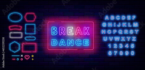 Break dance neon emblem. Hip hop music. Colorful handwritten text. Disco party. Vector stock illustration