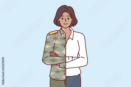 Woman is dressed in military uniform and business attire at same time, for concept of career change after serving in army. Girl manager of military company stands with arms crossed.