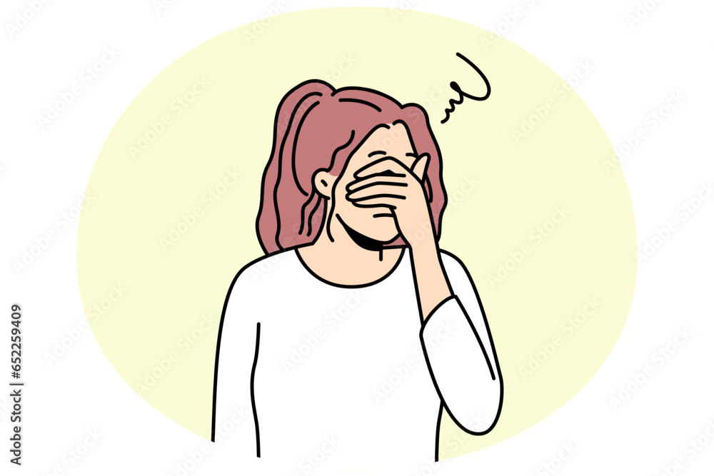 Unhappy young woman cover eyes feel depressed suffer from repetitive thoughts or overthinking. Upset girl struggle with mental or psychological problems. Vector illustration. Unhappy young woman cover eyes feel depressed suffer from repetitive thoughts or overthinking. Upset girl struggle with mental or psychological problems. Vector illustration.