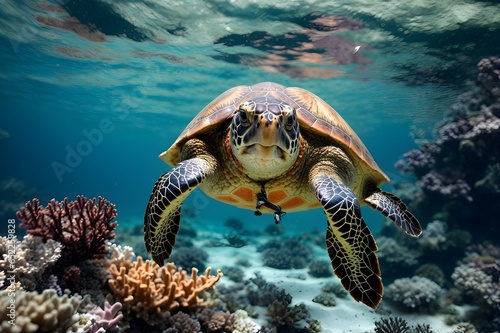 turtle swimming undersea full of colorful fish and coral reef, ocean, aquatic, nature, seascape
