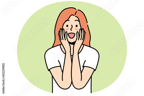 Happy young woman feel excited with good unbelievable news. Smiling girl surprised with unexpected message or notification. Vector illustration.