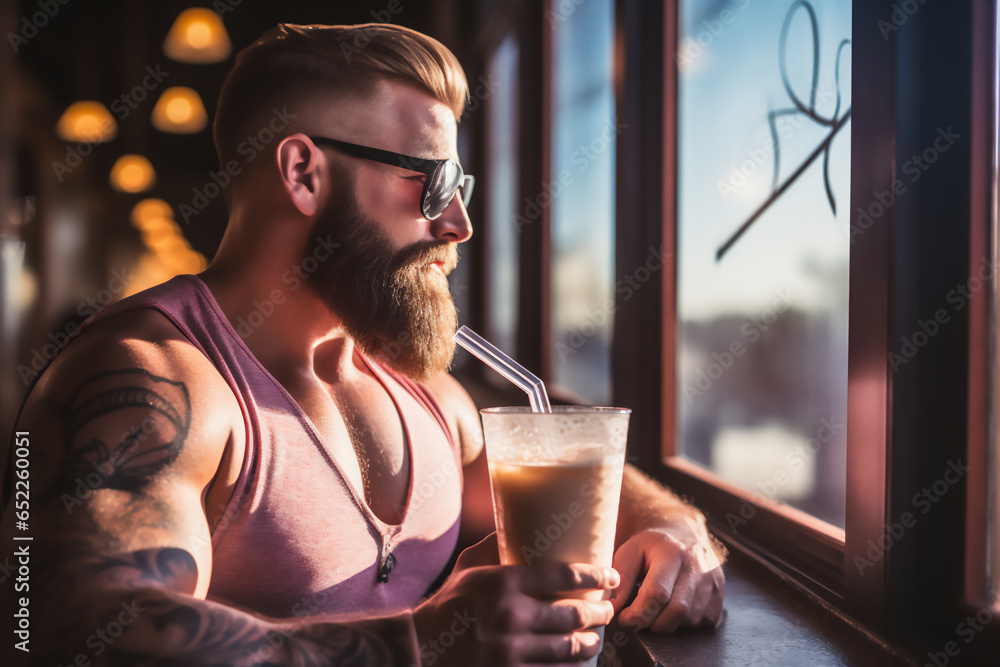 Young fit man with beard in sportswear is drinking strawberry protein shake from shaker after workout in fitness center sitting by the window - obrazy, fototapety, plakaty 