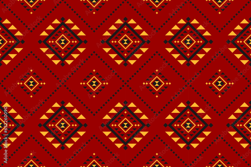 Fabric ethnic red pattern art. Geometric seamless pattern in tribal. American and Mexican style. Design for background, illustration, fabric, clothing, carpet, batik, embroidery.